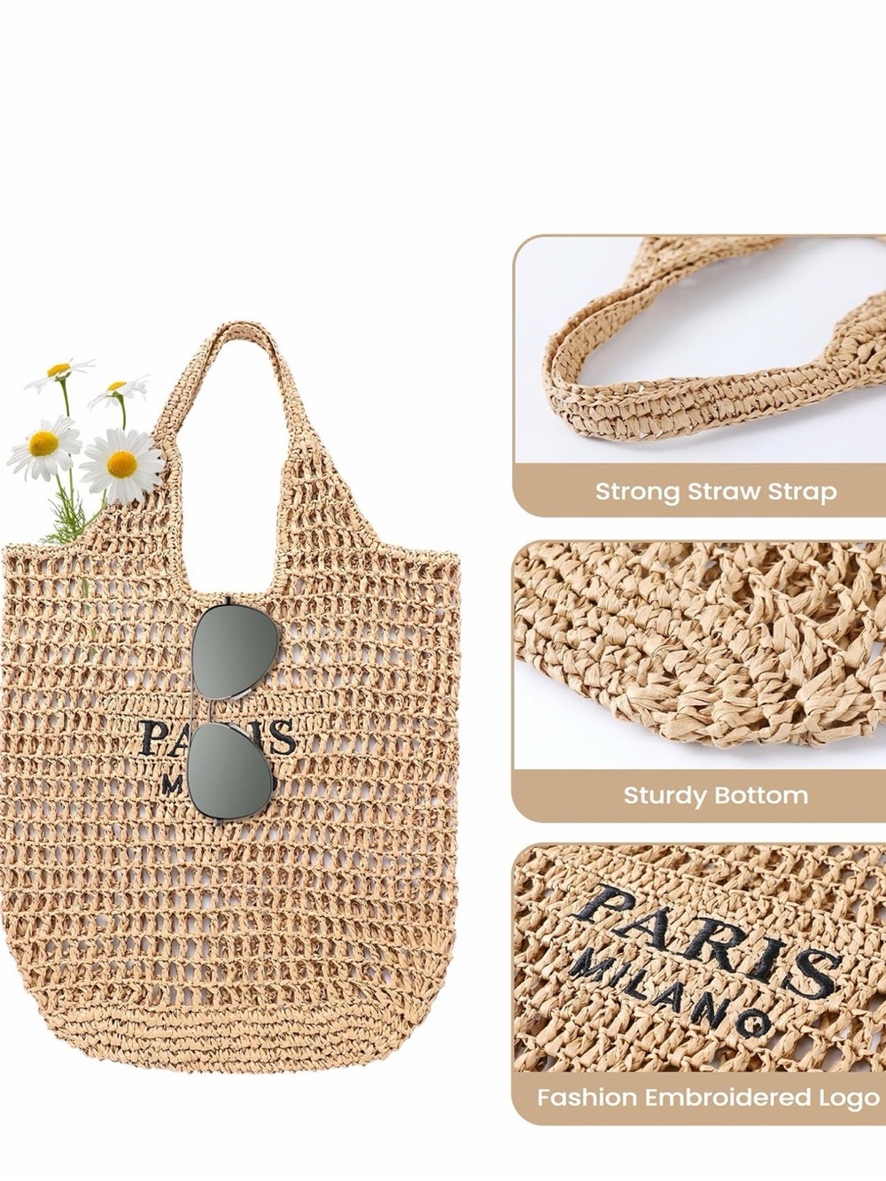 Straw Tote Bag with Paris Milano Embroidered Logo - Natural